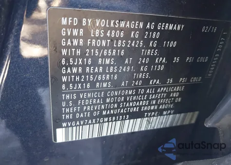2016 Volkswagen Tiguan S из США, поврежденный, VIN WVGAV7AX7GW591313